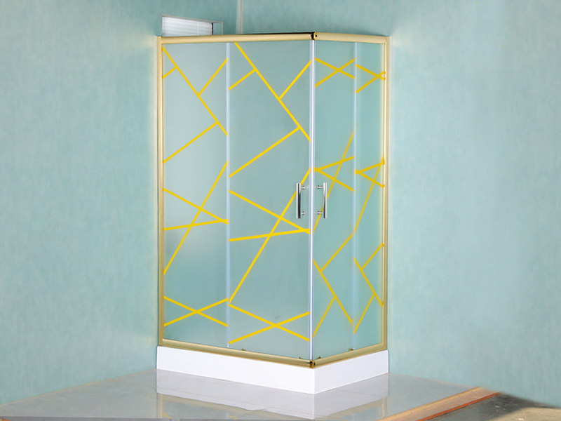 RE-Schiebeduschabtrennung, mattes gehärtetes Glas mit Aufdruck, goldenes Aluminiumprofil, Griff mit doppelten Löchern, mit Tablett